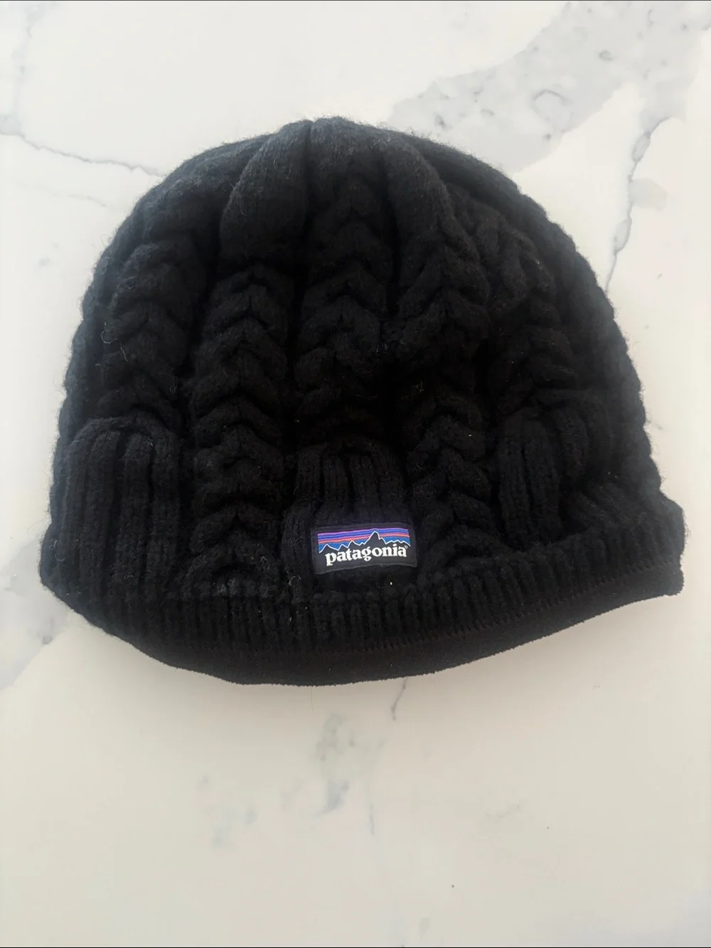 Patagonia Black Cable Knit Hat with Logo